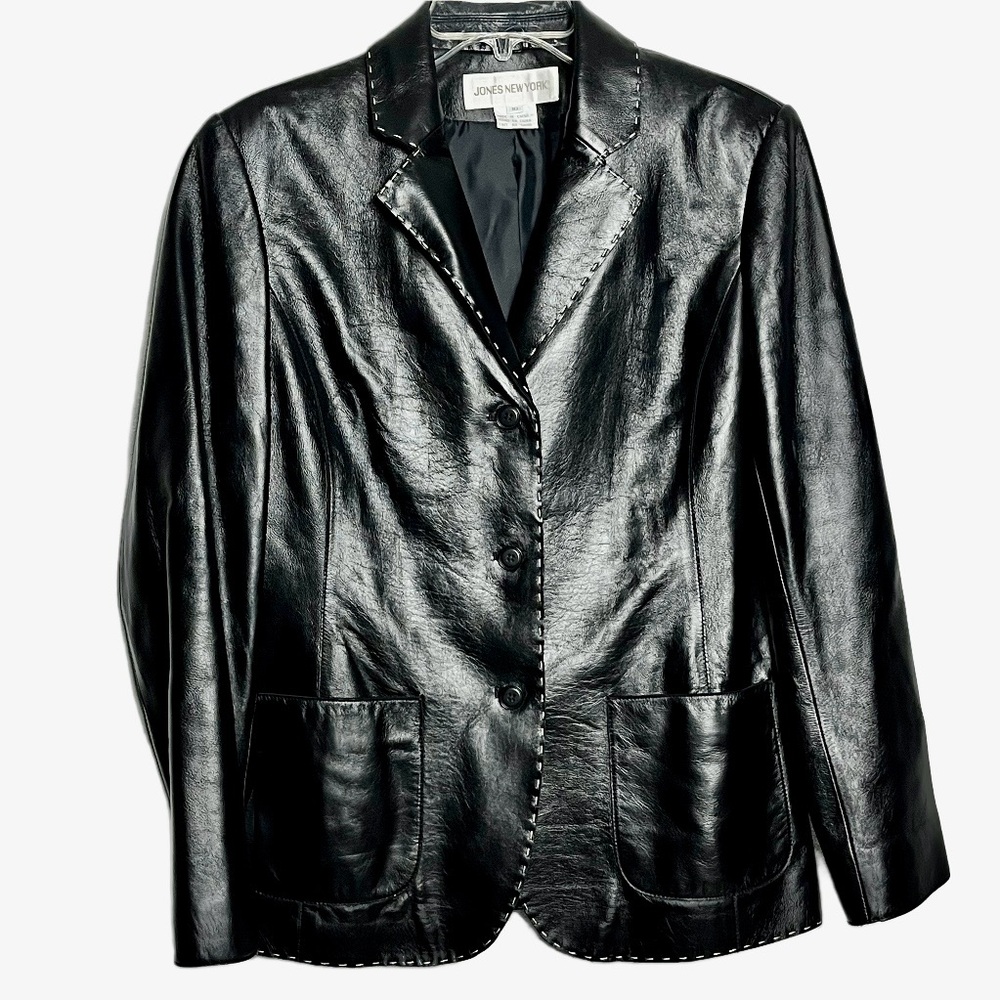 Jones New York Leather Jacket Black Women’s Size 10 Sophisticated Urban Chic